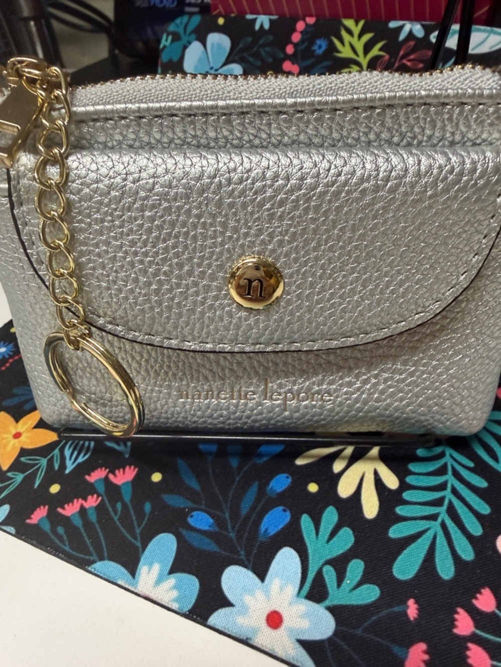 Nanette Lepore Metallic Silver Pebbled Leather Card Wallet with Gold Accents